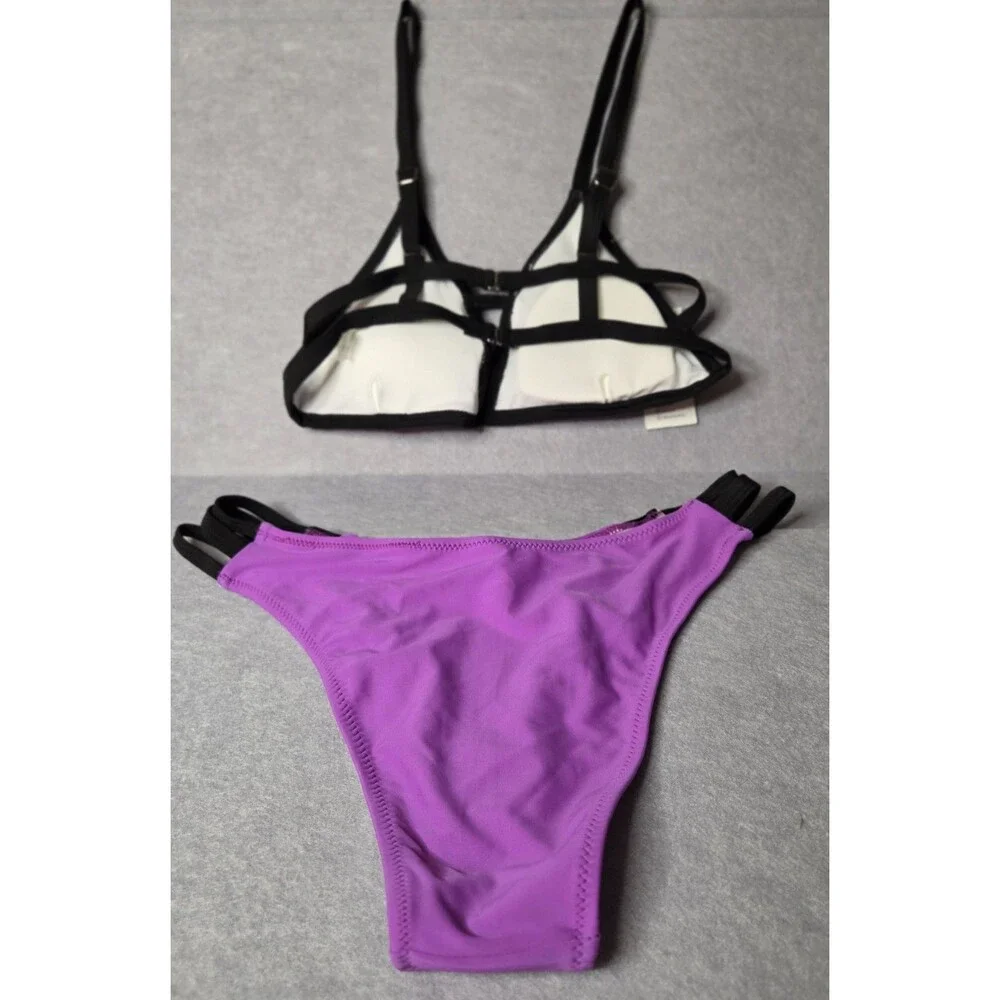 CUPSHE Purple & Black Strappy Bikini Set Women's Size S Cutout Bralette 2 Pc NWT